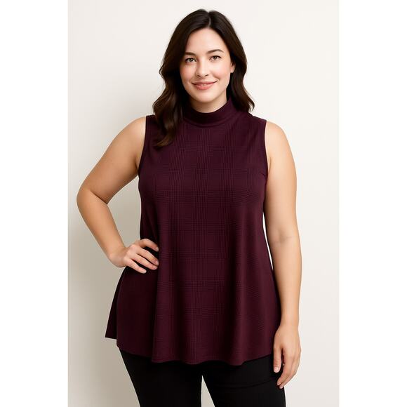 2/$30 Susan Graver QVC PLUS 1X Sleeveless Mock Neck Plaid Top Women Burgundy - Picture 1 of 8